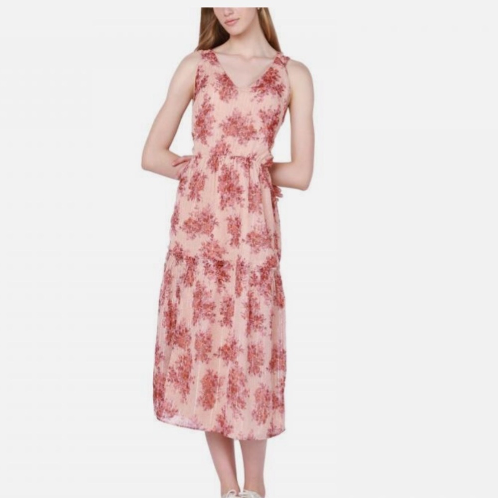 Black Tape Floral Maxi Dress V-Neck Pink Red Size M NWT